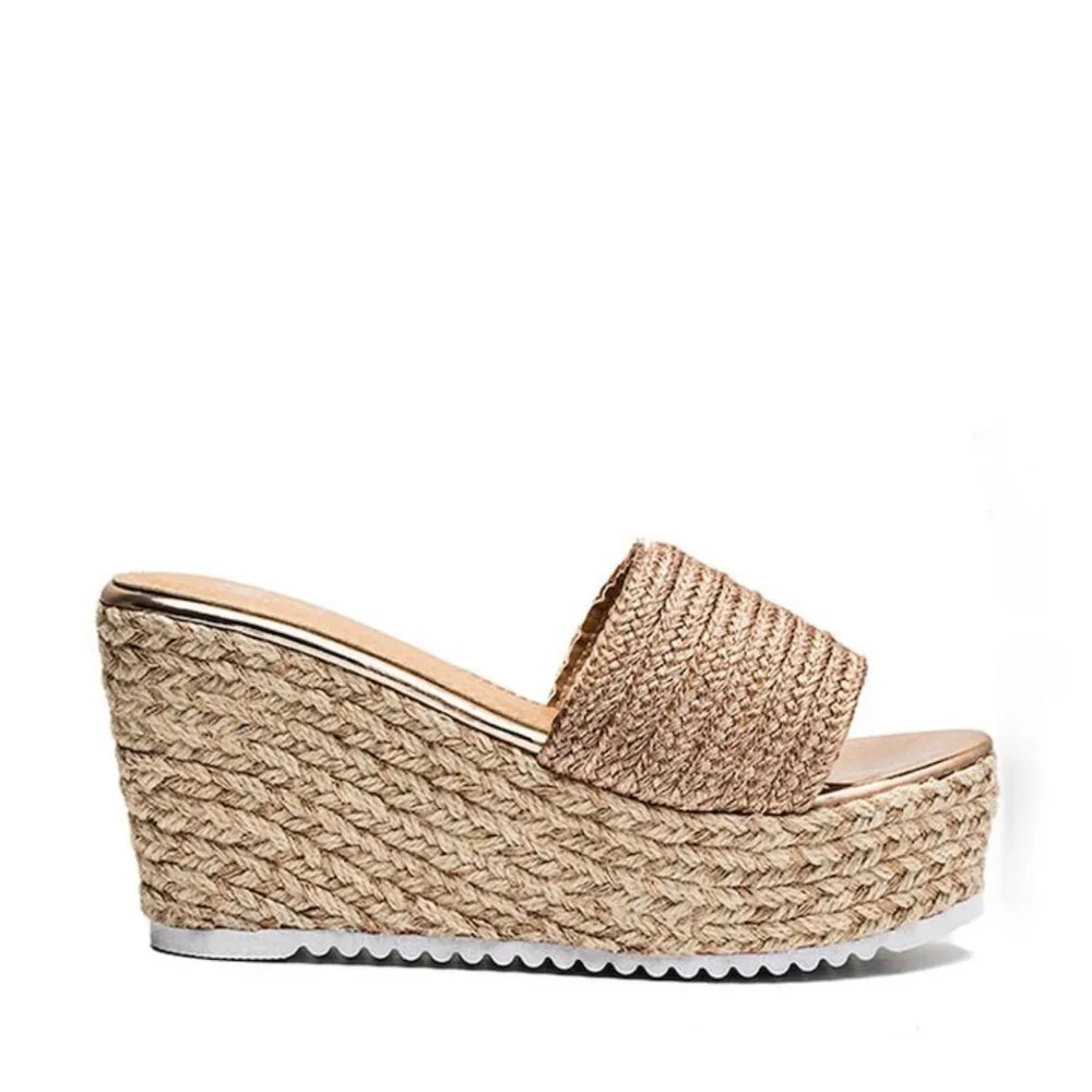 Rose Gold Espadrille Slide Wedge Platform Sandals - Picture 3 of 6